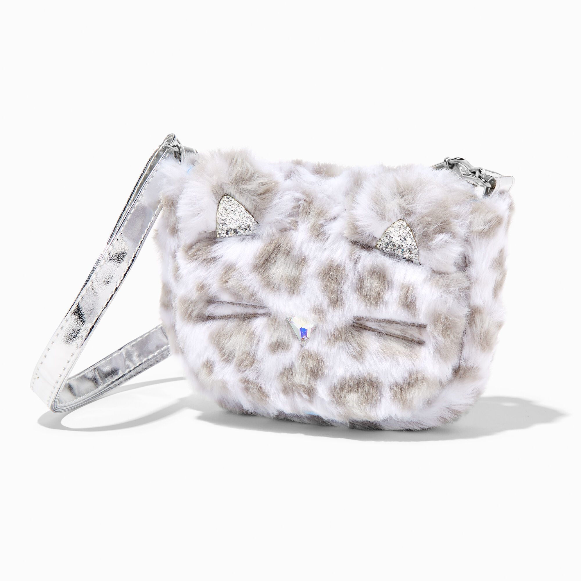Claire s Club Furry Snow Leopard Crossbody Bag