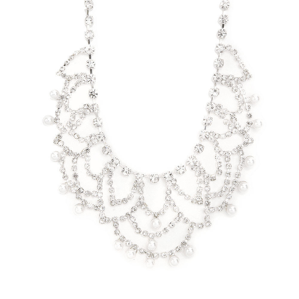 Rhinestone Swag & Pearl Dangle Statement Necklace,
