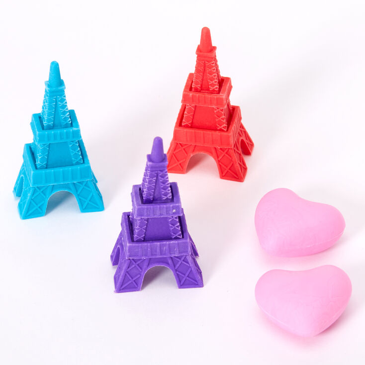 Eiffel Tower &amp; Heart Erasers - 5 Pack,