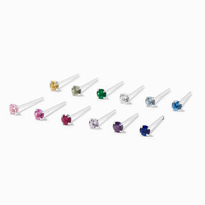 Sterling Silver 22G Rainbow Crystal Nose Studs - 12 Pack,