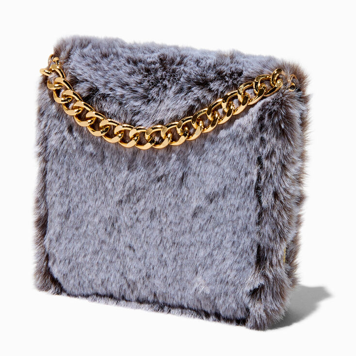 Furry Gray Gold-tone Chain Zip Around Wallet,