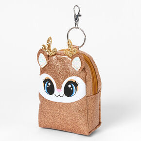 Glitter Deer Face Mini Backpack Keyring - Brown,