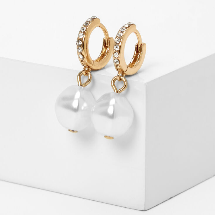 Gold 10MM Pearl Huggie Hoop Earrings,
