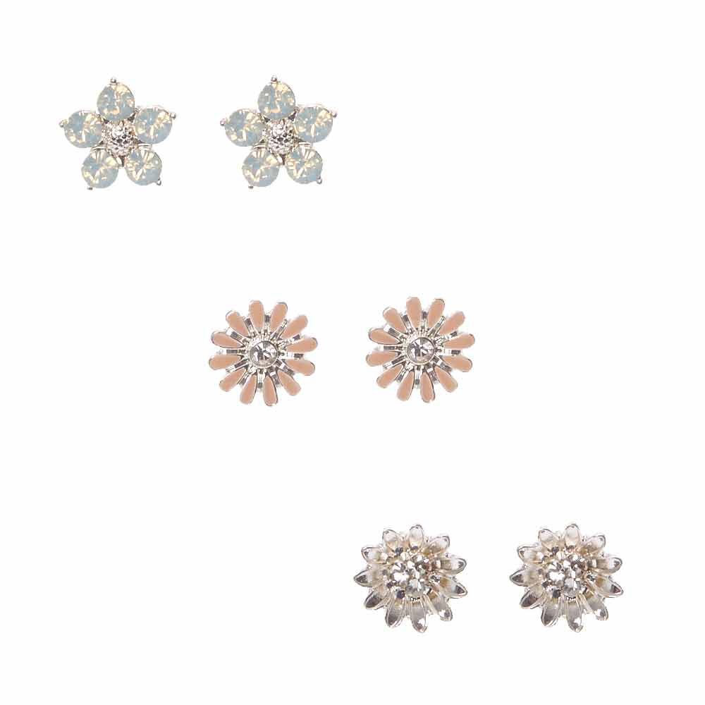 Real 375 9ct Gold & Clear CZ Crystals Open Flower Stud Earrings Pretty Flowers 