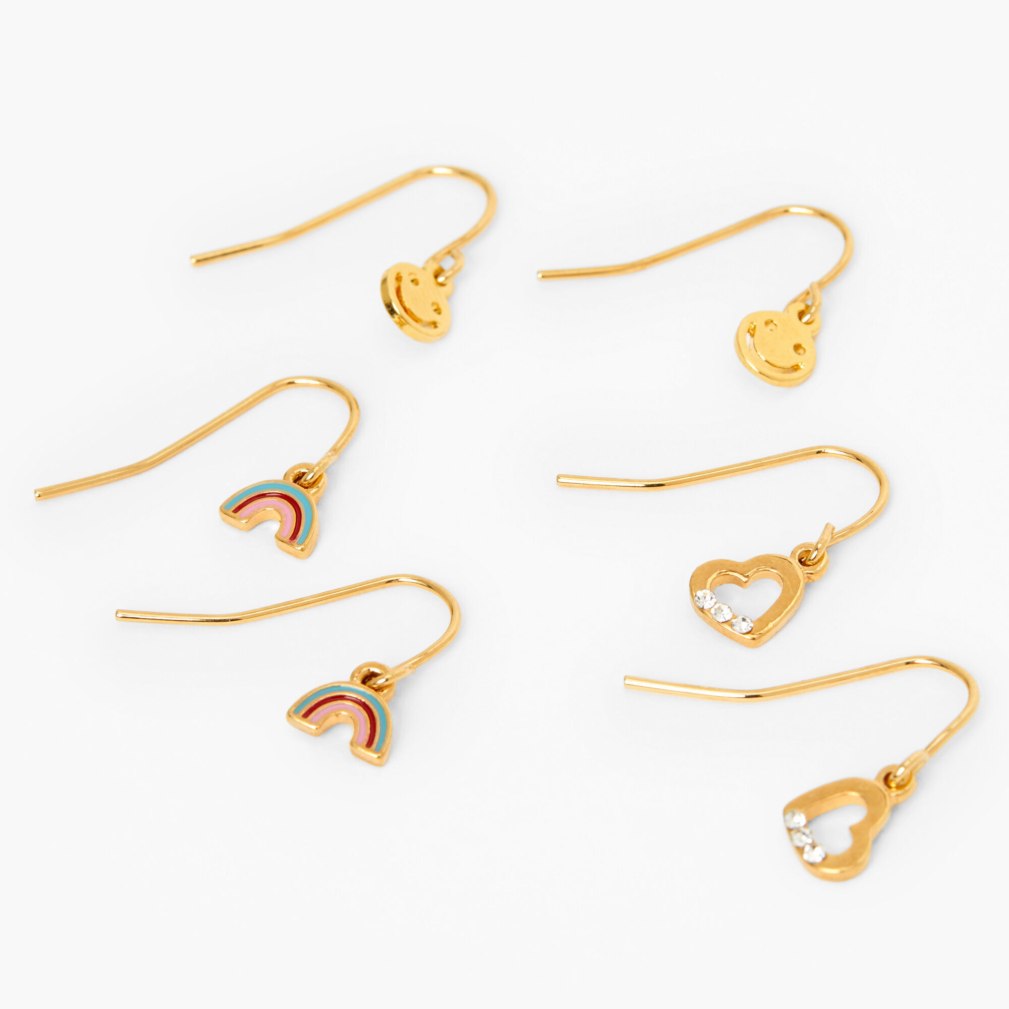Pendantes arc-en-ciel, cœur, smiley 1,5 cm couleur dorée (lot de 3),