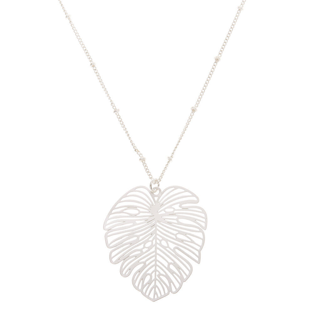 Silver Palm Leaf Long Pendant Necklace,