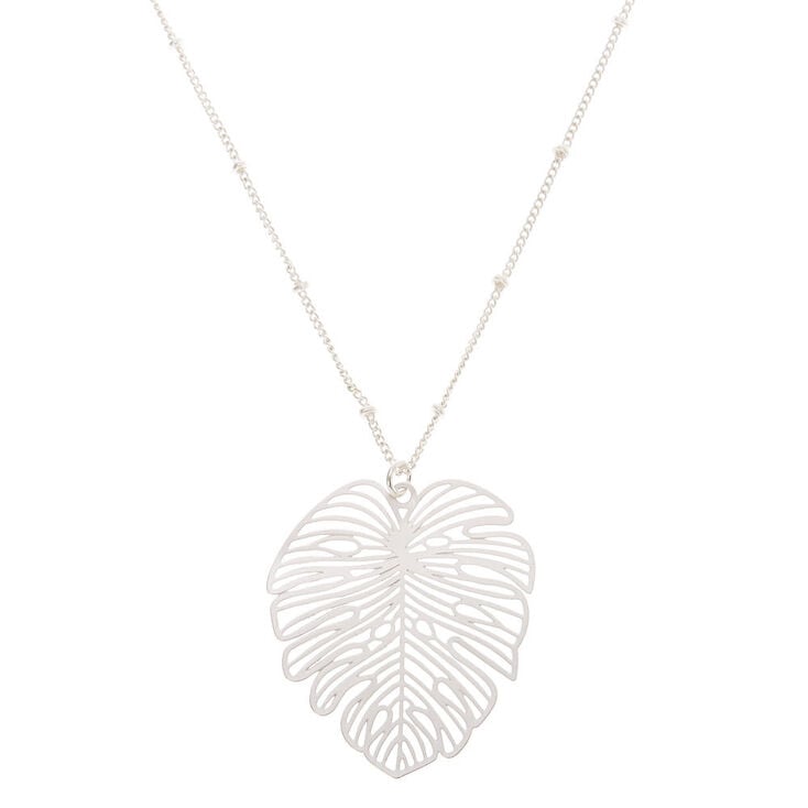 Silver Palm Leaf Long Pendant Necklace,