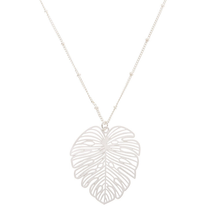 Silver Palm Leaf Long Pendant Necklace,