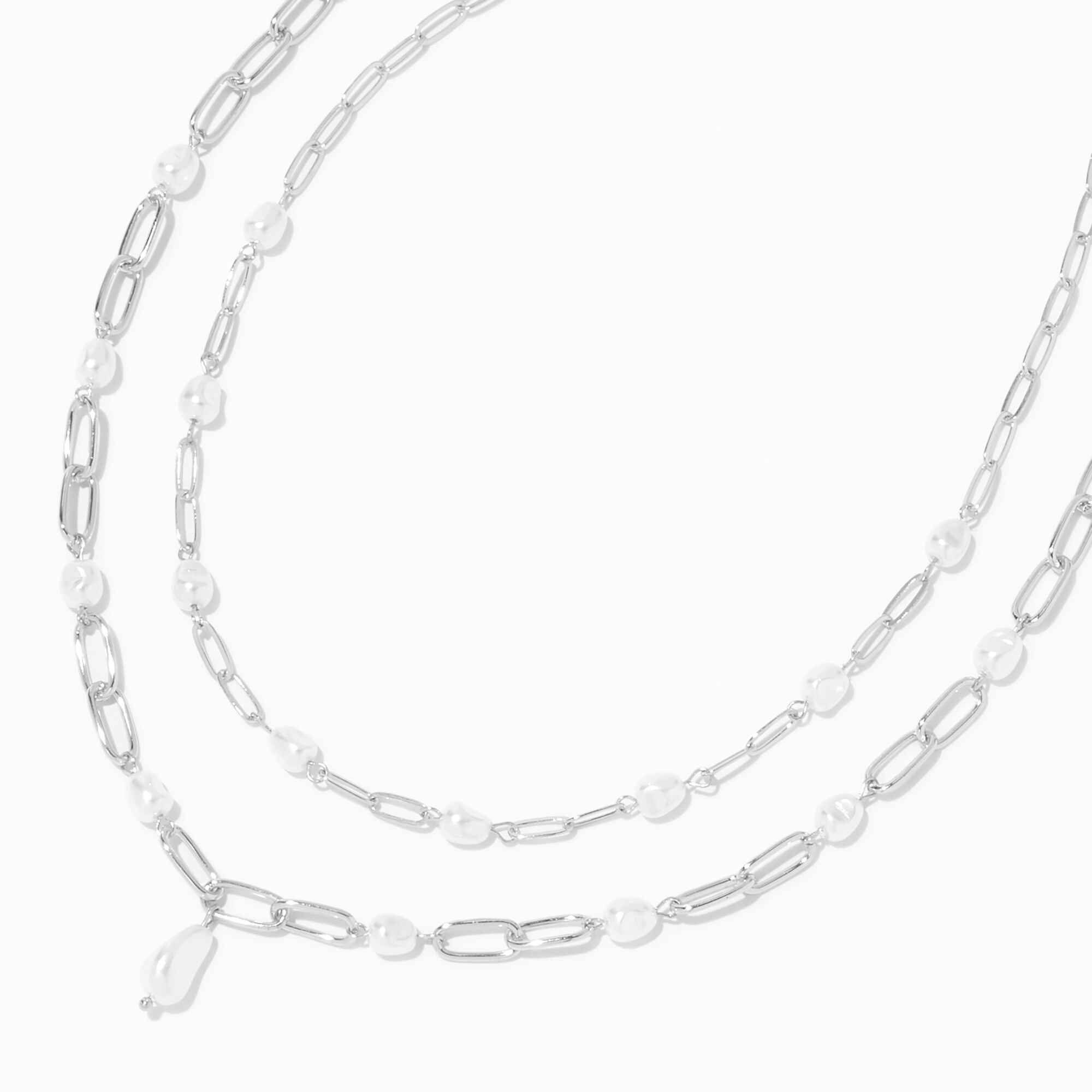 View Claires Tone Pearl Paperclip Necklace Set 2 Pack Silver information