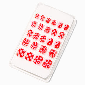 Pink &amp; Red Tonal Groovy Square Press On Faux Nail Set - 24 Pack,