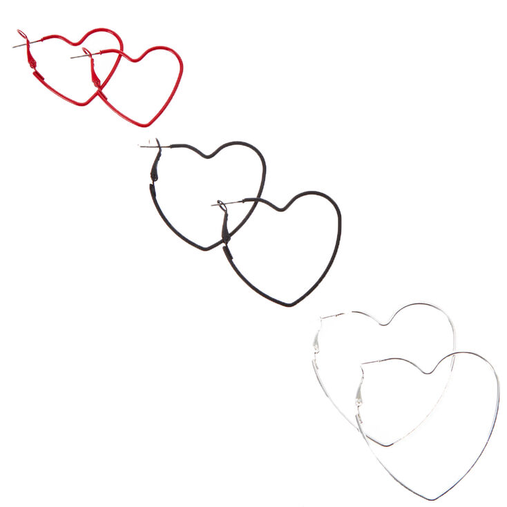 Claire's Créoles cœur de différentes tailles rouges, noires et couleur argentée - Lot de 3