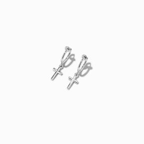 Silver 20MM Cross Clip-On Hoop Earrings,