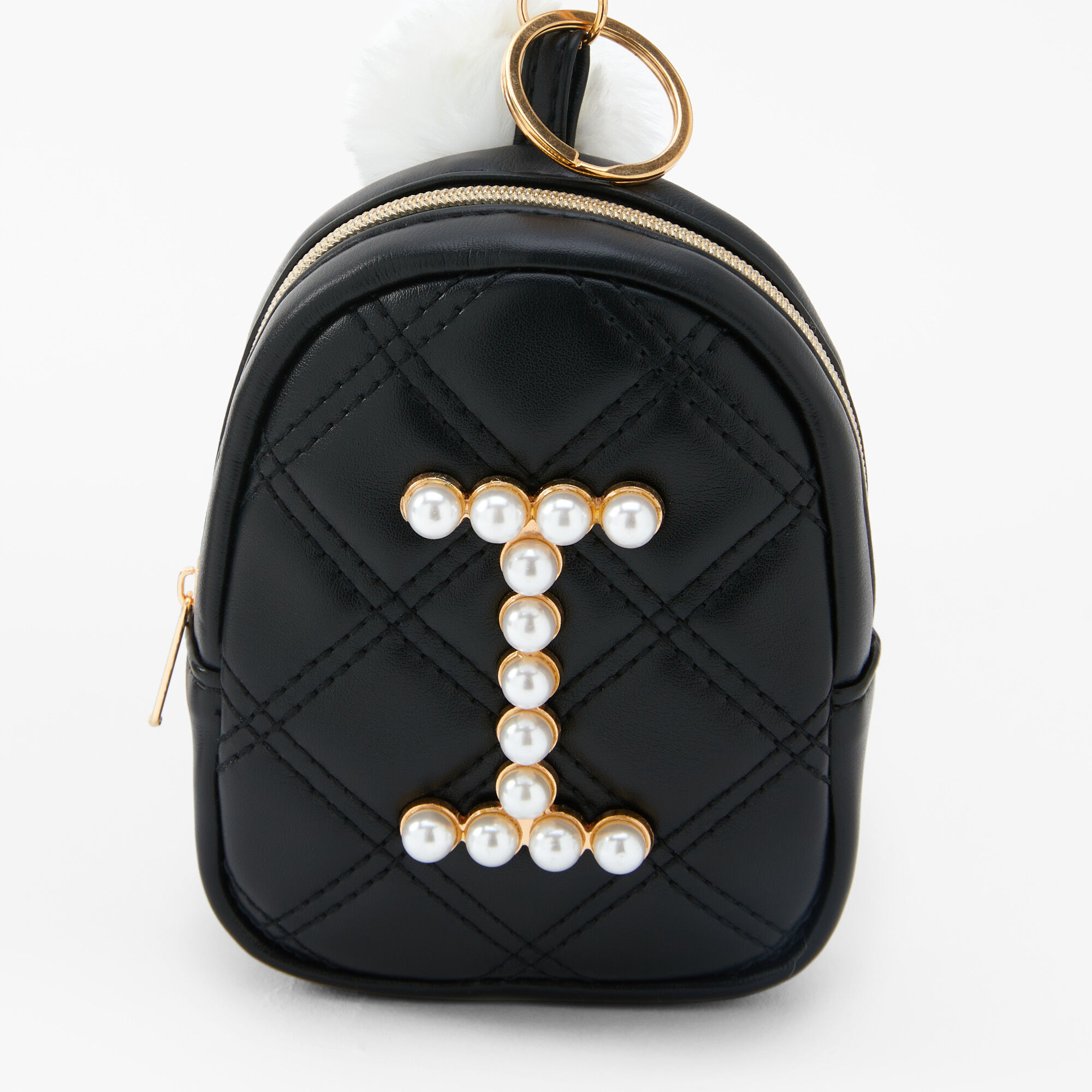 Initial Pearl Mini Backpack Keychain - Black, I,