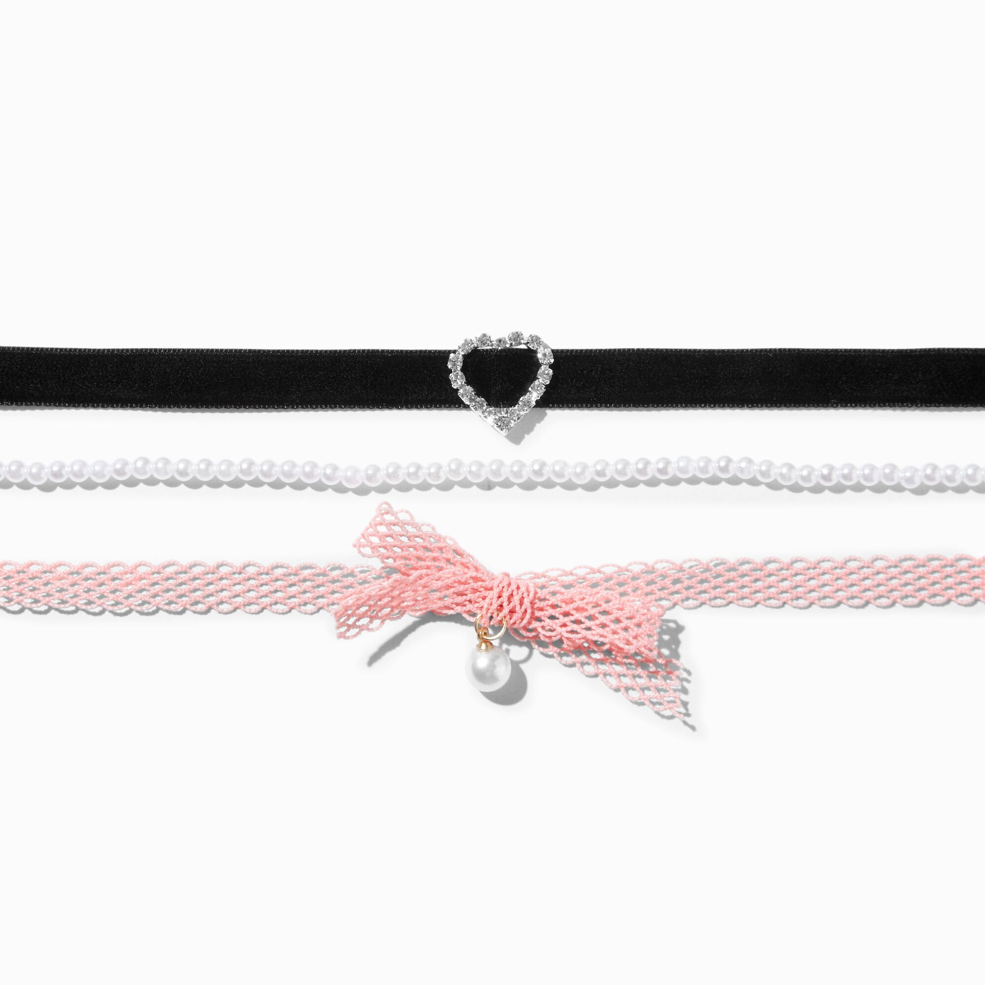 View Claires Mesh Heart Velvet Choker Necklaces 3 Pack Pink information