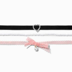 Pink Mesh Heart Velvet Choker Necklaces - 3 Pack,