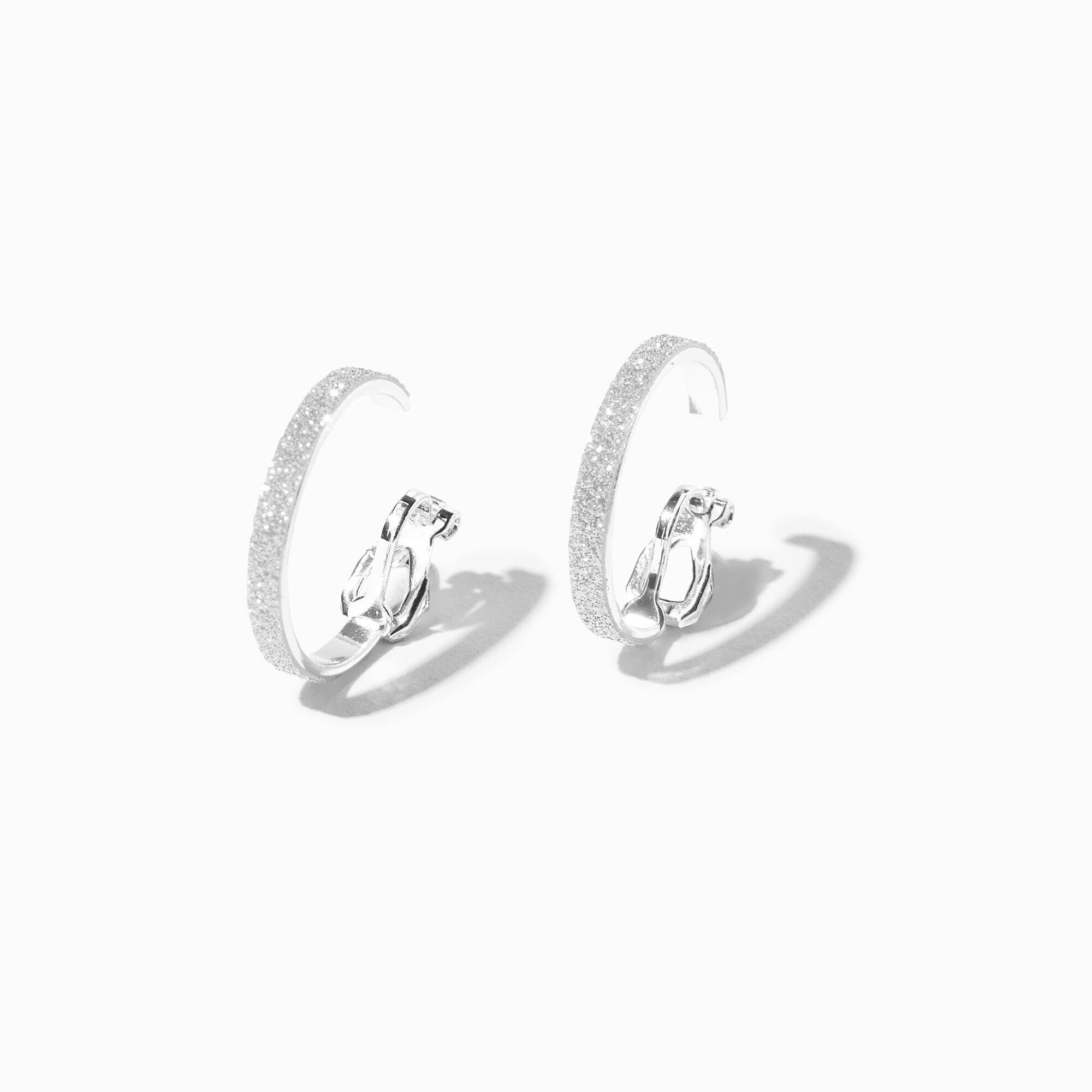 View Claires Tone 20MM Thin Glitter Hoop Earrings Silver information
