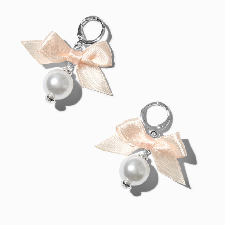 Pink Bow Pearl Charm Silver-tone Huggie Hoop Earrings,