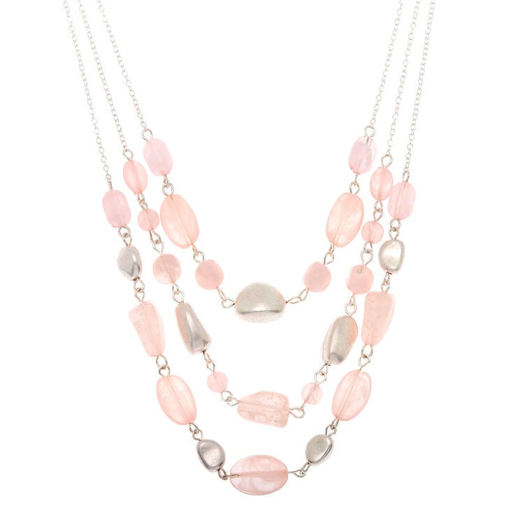 Silver Stone Bead Multi Strand Necklace - Pink,