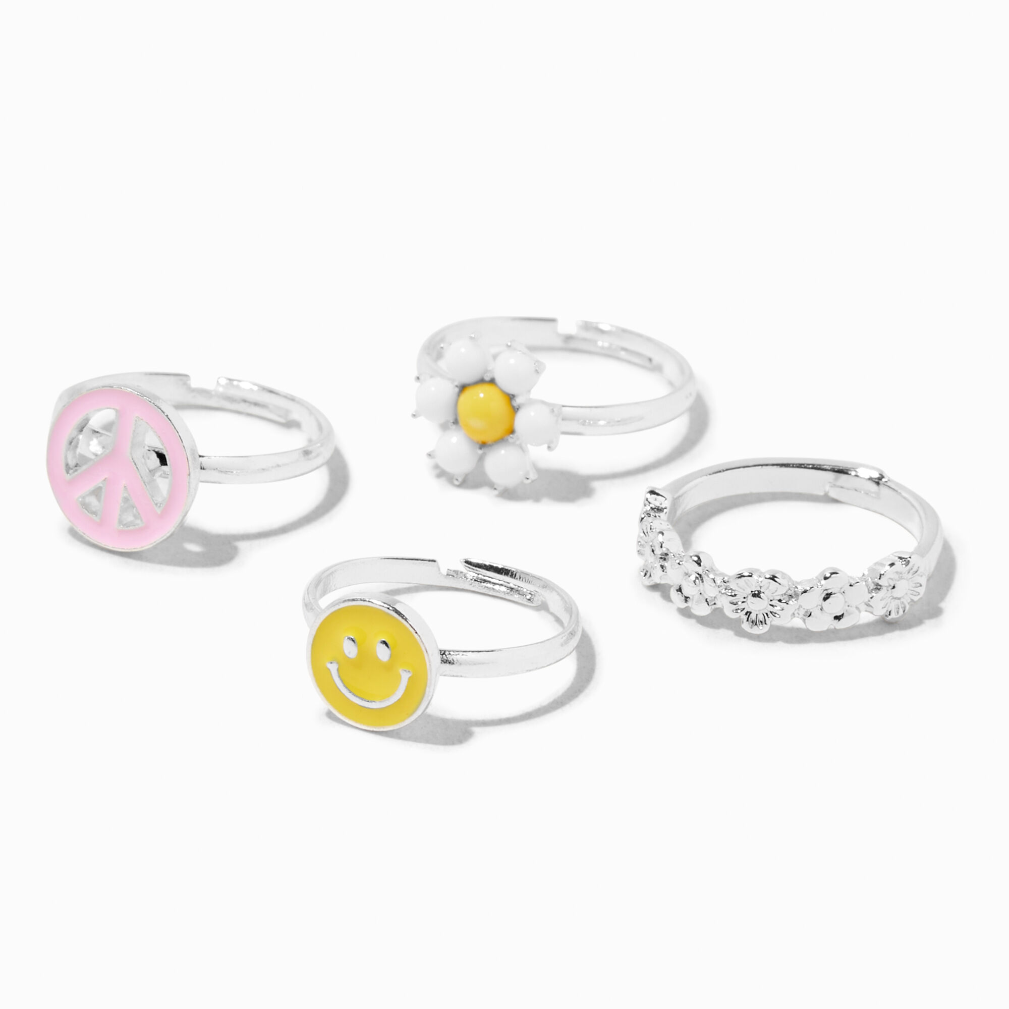 Silver Happy Face, Daisy, Peace Sign Rings - 4 Pack,