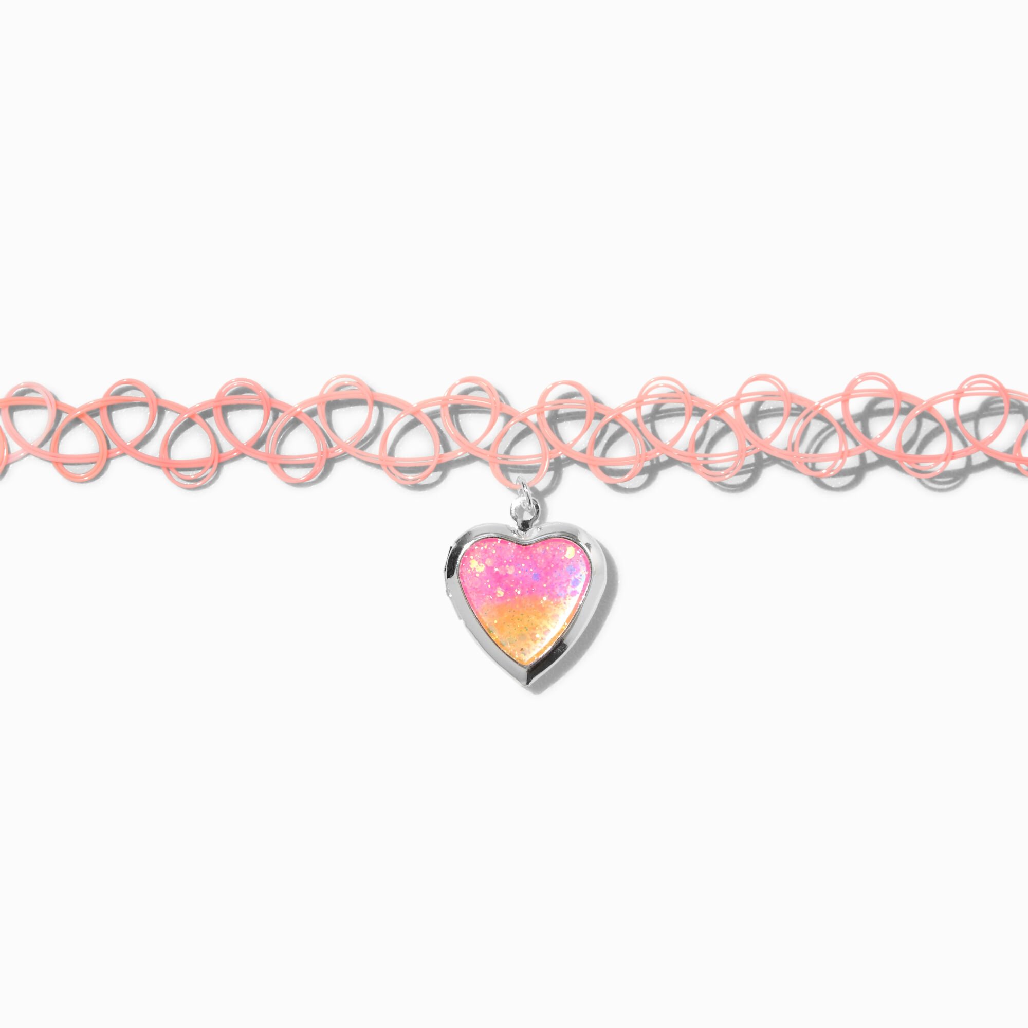 View Claires Heart Locket Pendant GlowInTheDark Tattoo Choker Necklace Pink information