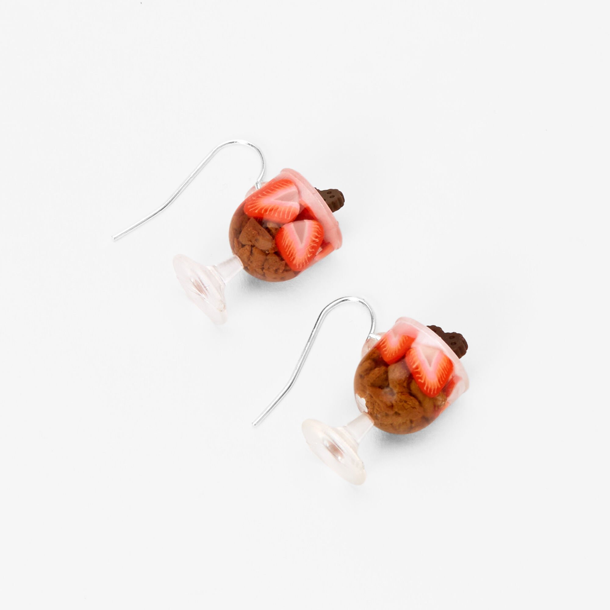 Silver 1" Chocolate Strawberry Parfait Drop Earrings,