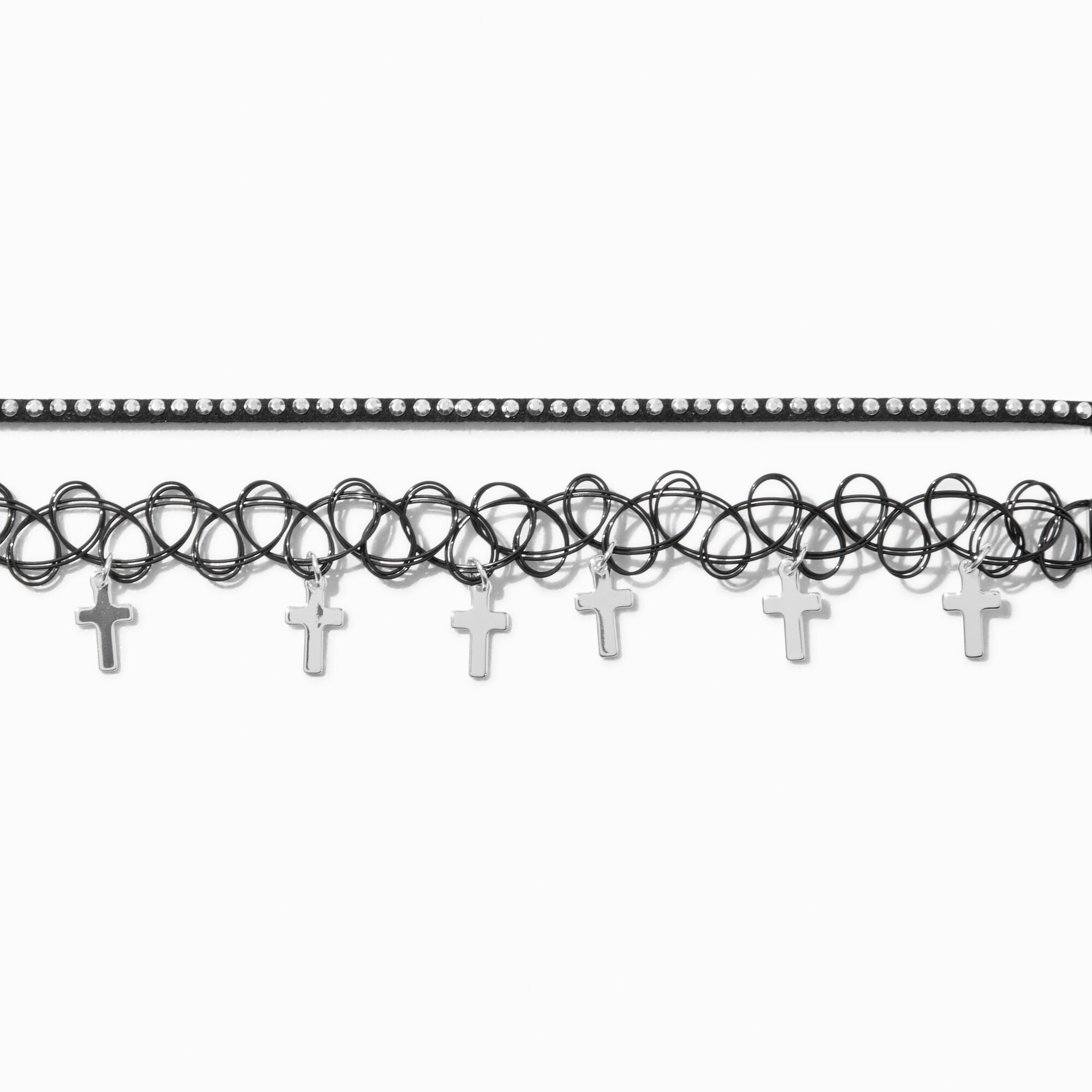 Black Ribbon & Tattoo Cross Dangle Choker Necklaces - 2 Pack,