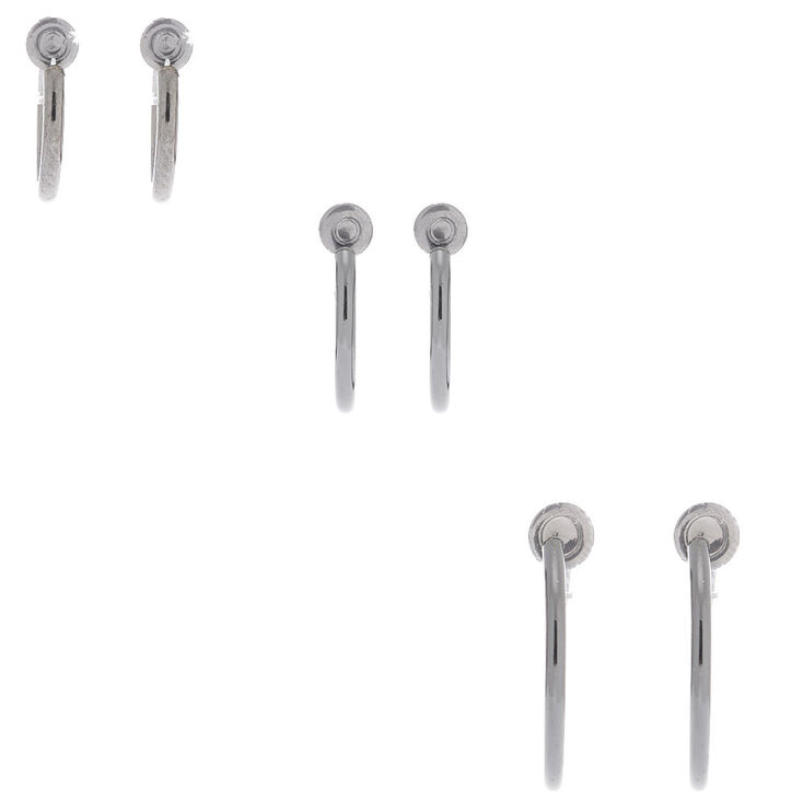 Hematite Graduated Clip On Hoop Earrings - 3 Pack,