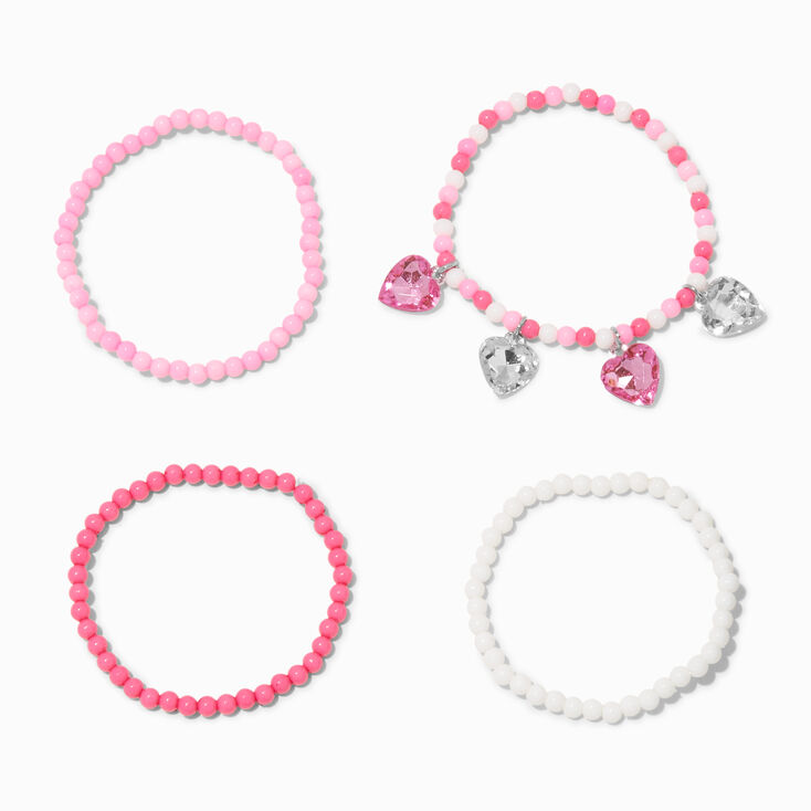 Claire's Club Pink Heart Seed Bead Stretch Bracelets - 4 Pack | Claire's US