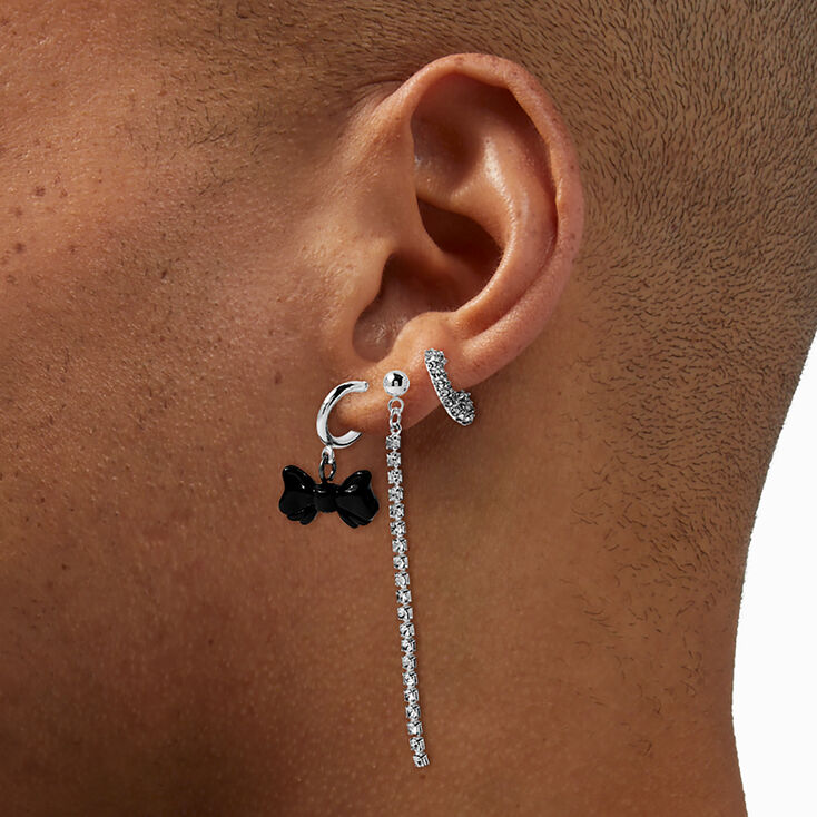 Silver-tone Black Bow Cup Chain Earring Stackables Set - 3 Pack,