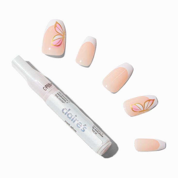 Pink French Butterfly Tip Coffin Faux Nail Set - 24 Pack,