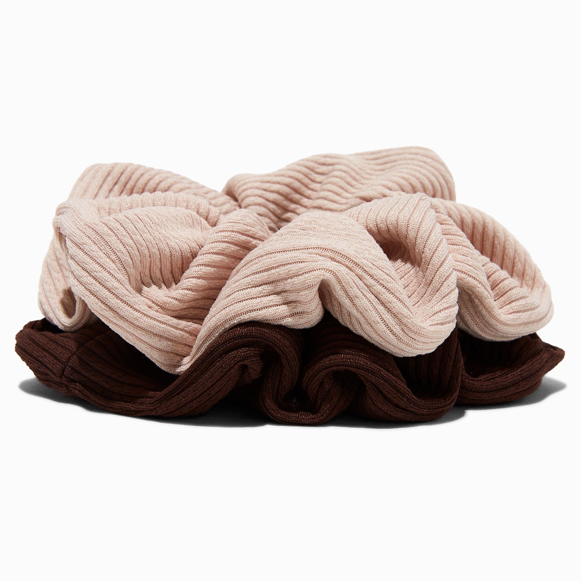 Ivory & Brown Ribbed Hair Scrunchies - 2 Pack,