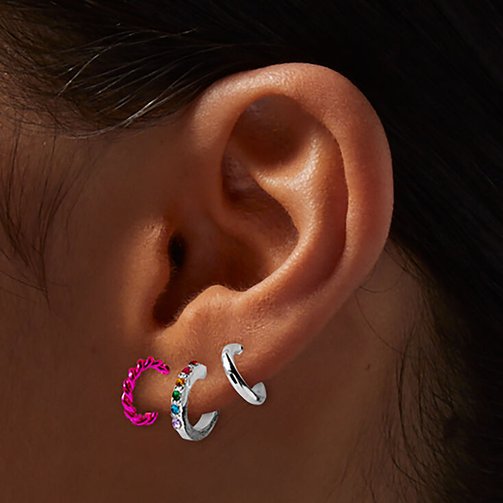 Silver-tone Pink Rainbow Hoop Earring Stackables Set - 3 Pack,