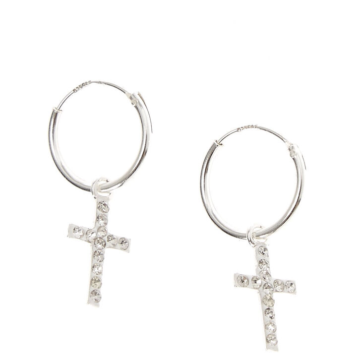 Sterling Silver Cross Dangle Hoop Earrings | Claire's US