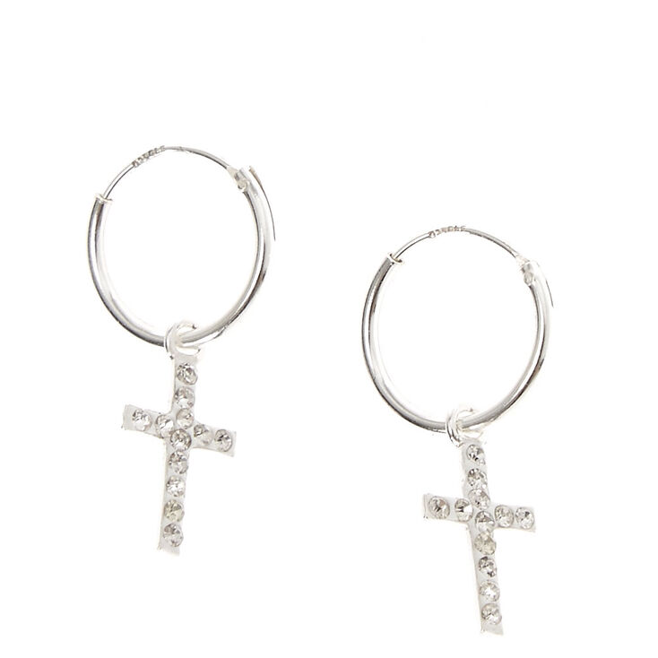 Sterling Silver Cross Dangle Hoop Earrings Claire S Sterling Silver Cross Dangle Hoop Earrings