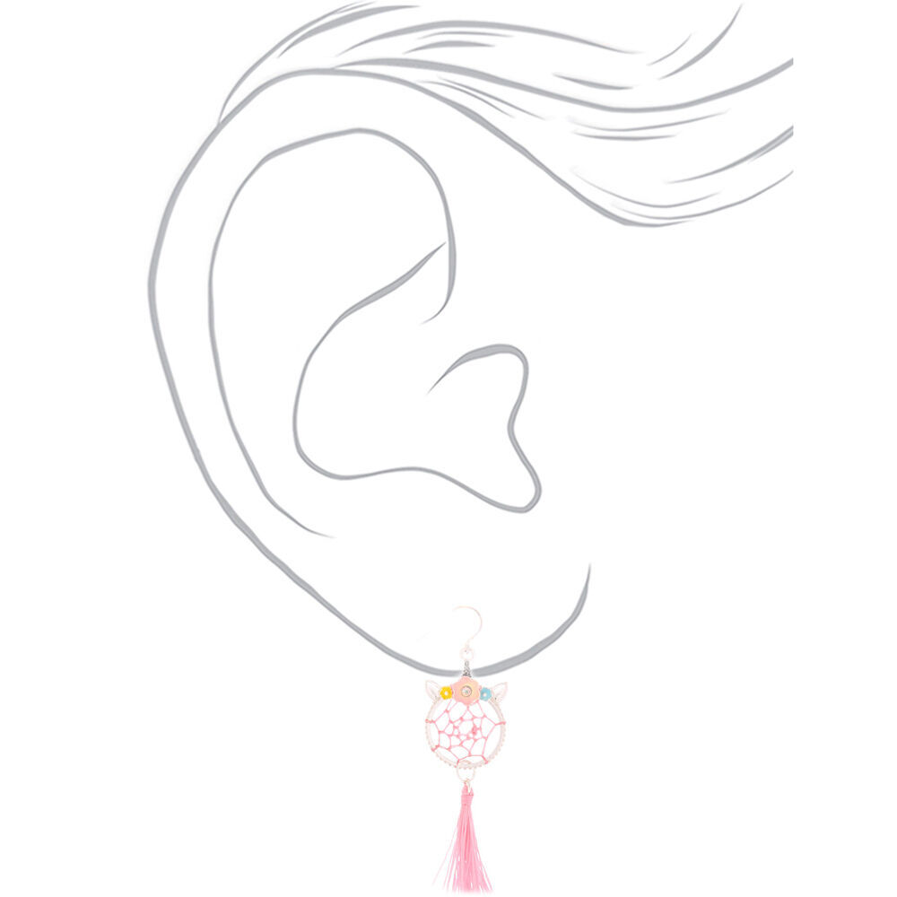 Silver 2" Unicorn Dreamcatcher Drop Earrings - Pink,