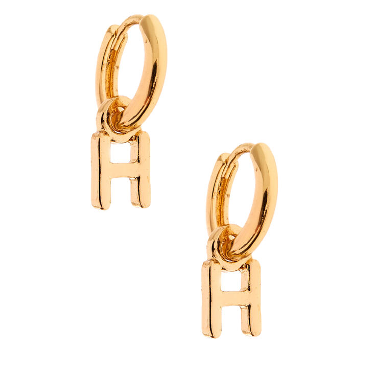 Gold 10MM Initial Huggie Hoop Earrings - H,