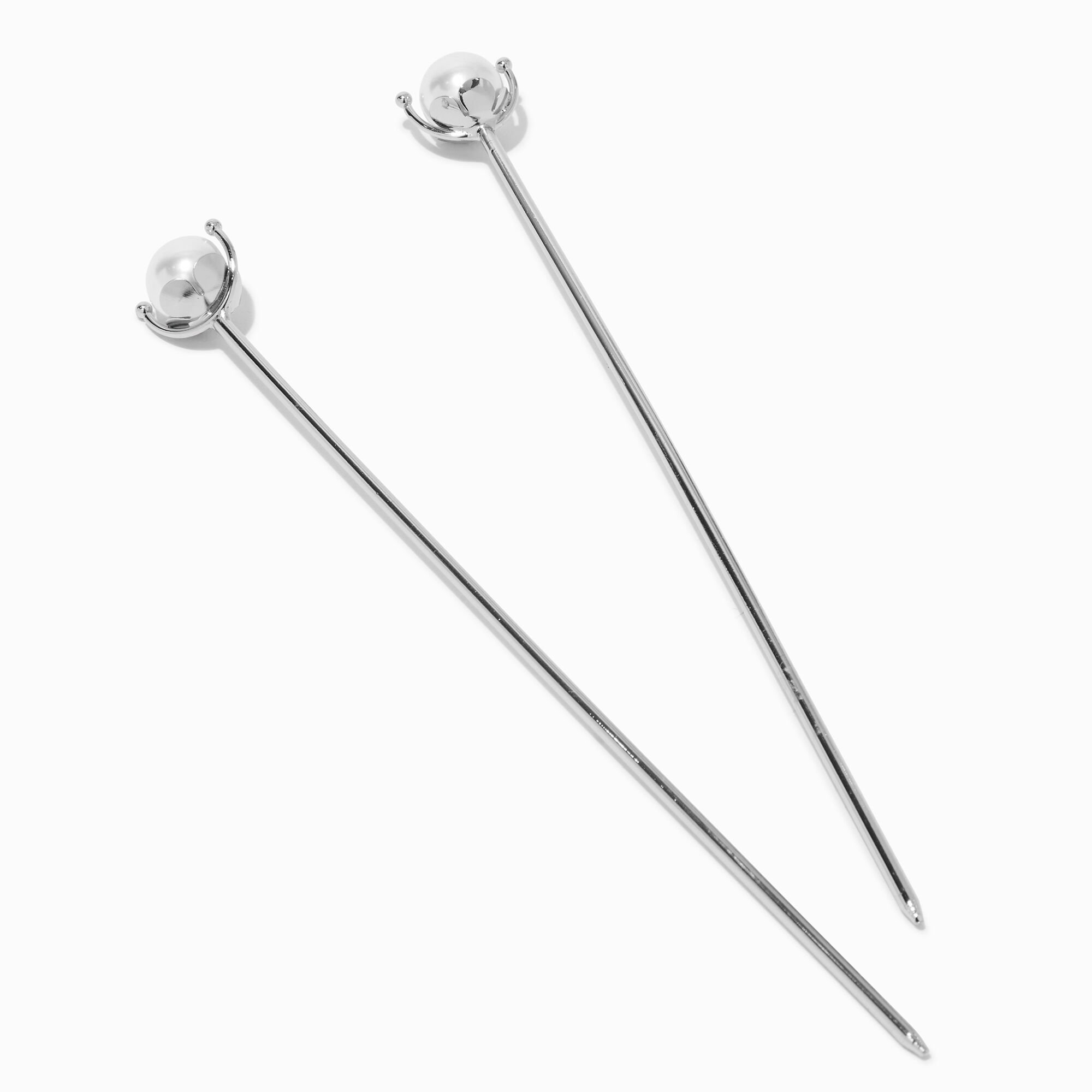 View Claires Tone Pearl Hair Sticks 2 Pack Silver information
