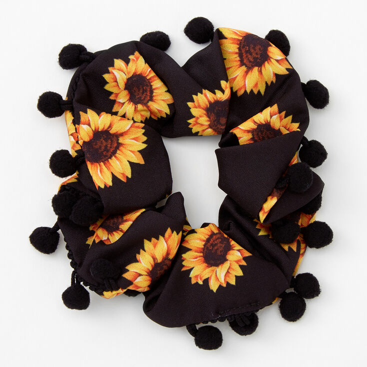 Pom Pom Trim Sunflower Hair Scrunchie - Black,