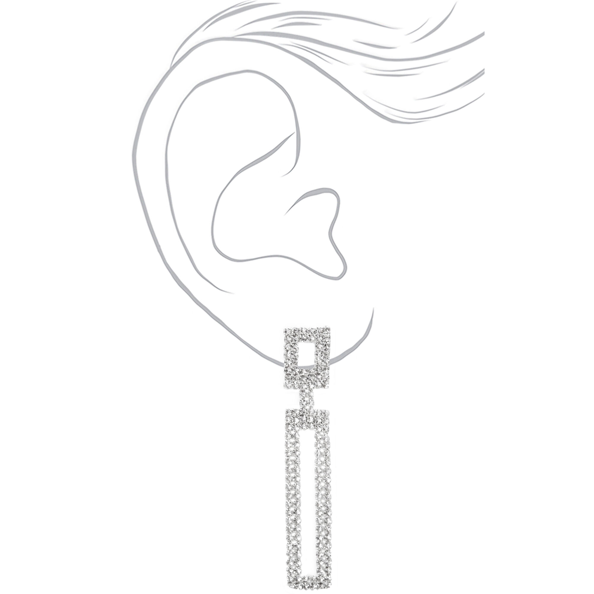 Silver 2" Rhinestone Double Rectangle Drop Earrings,