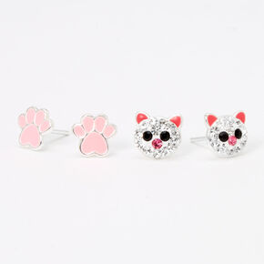 Sterling Silver Crystal Cat Stud Earrings - 2 Pack, Pink,