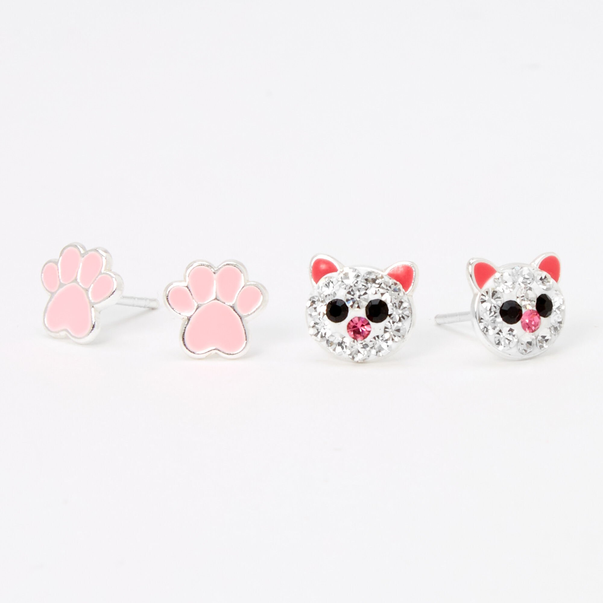 View Claires Sterling Silver Crystal Cat Stud Earrings 2 Pack Pink information