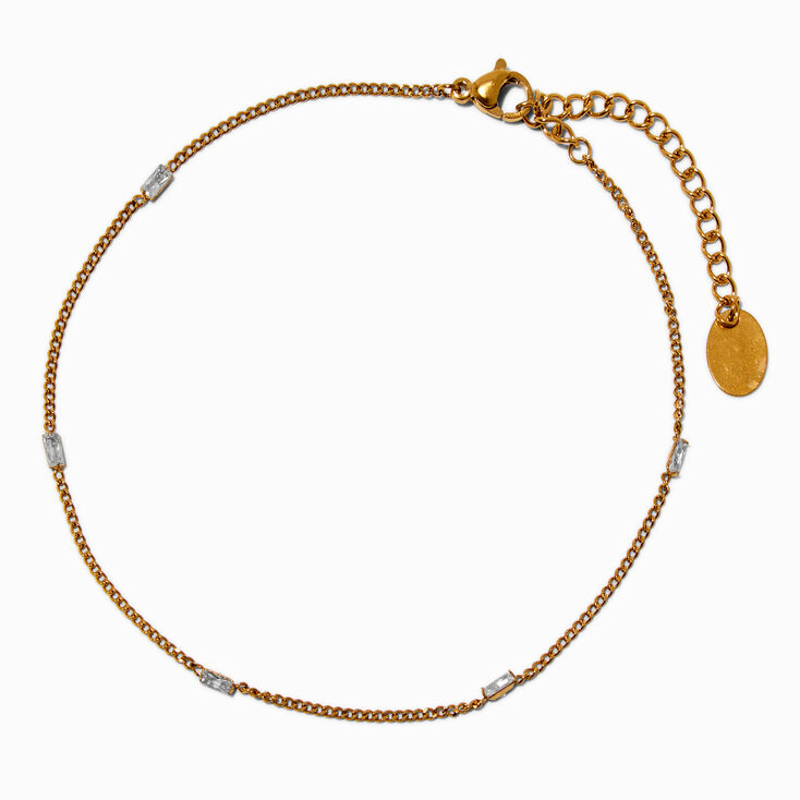 Gold-tone Stainless Steel Cubic Zirconia Baguette Stationed Chain Anklet,
