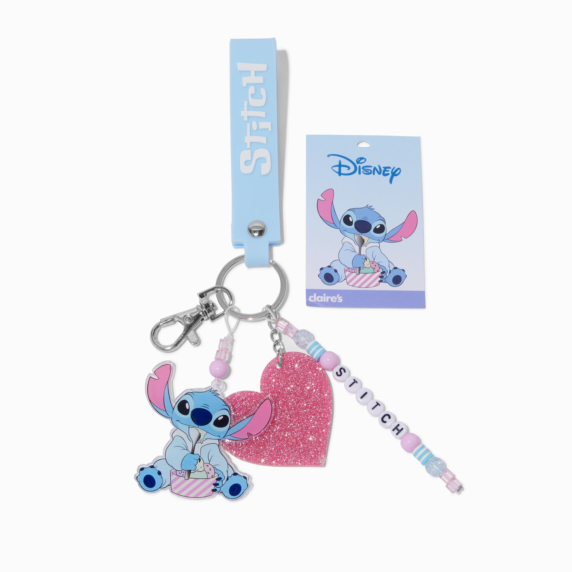 Disney Stitch Claire's Exclusive Slumber Party Charm Wristlet Keyring,