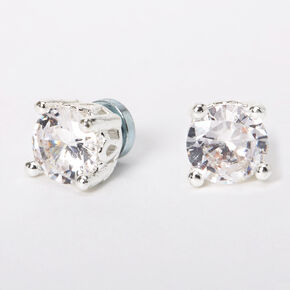 Silver Cubic Zirconia Round Magnetic Stud Earrings - 5MM,