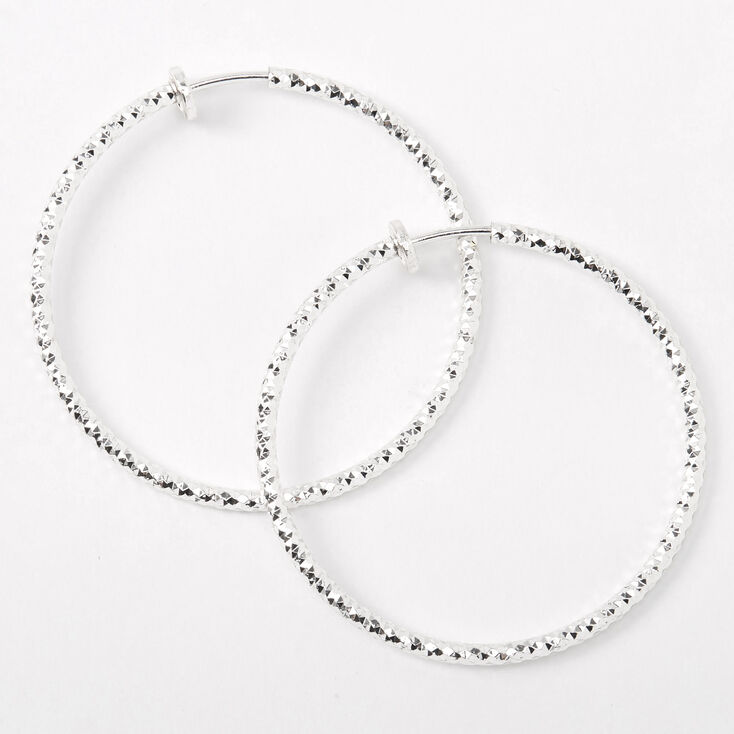 Silver 40MM Textured Clip On Hoop Earrings,