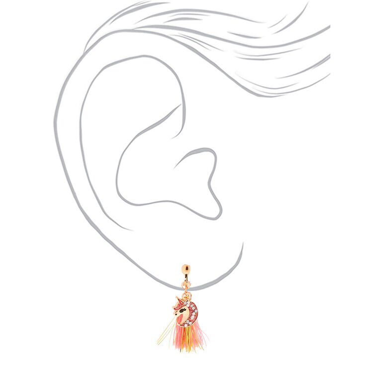 Rose Gold 1&quot; Glam Unicorn Tassel Clip On Drop Earrings - Coral,