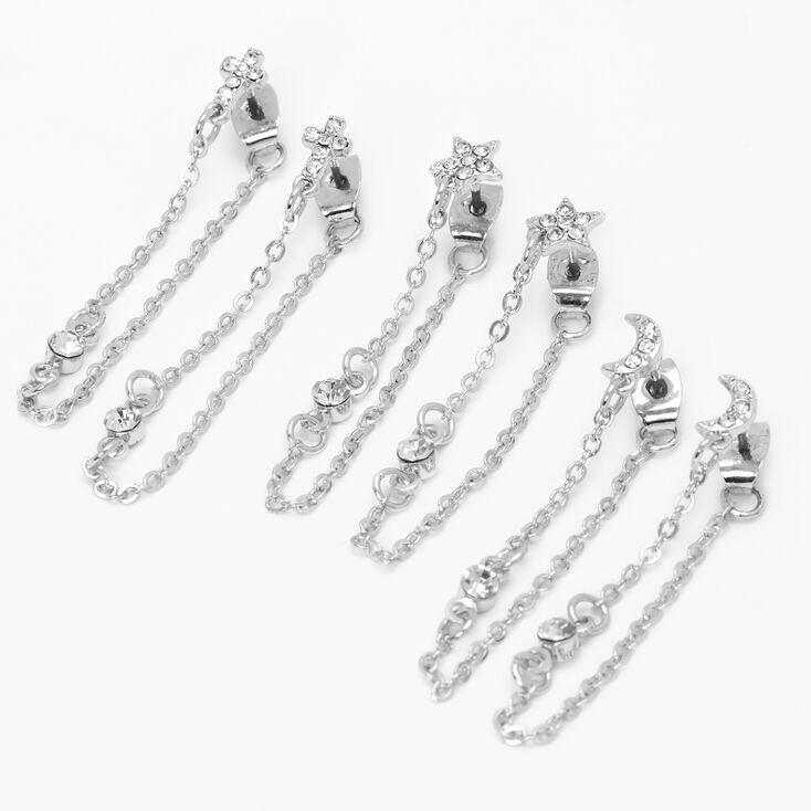 Silver 1.5&quot; Celestial Cross Front and Back Chain Drop Earrings - 3 Pack,