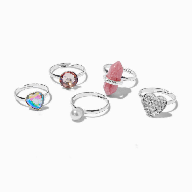 Claire&#39;s Club Silver Glitter Box Rings - 5 Pack,
