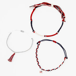 Patriotic Red, White, and Blue Cord Anklets - 3 Pack,