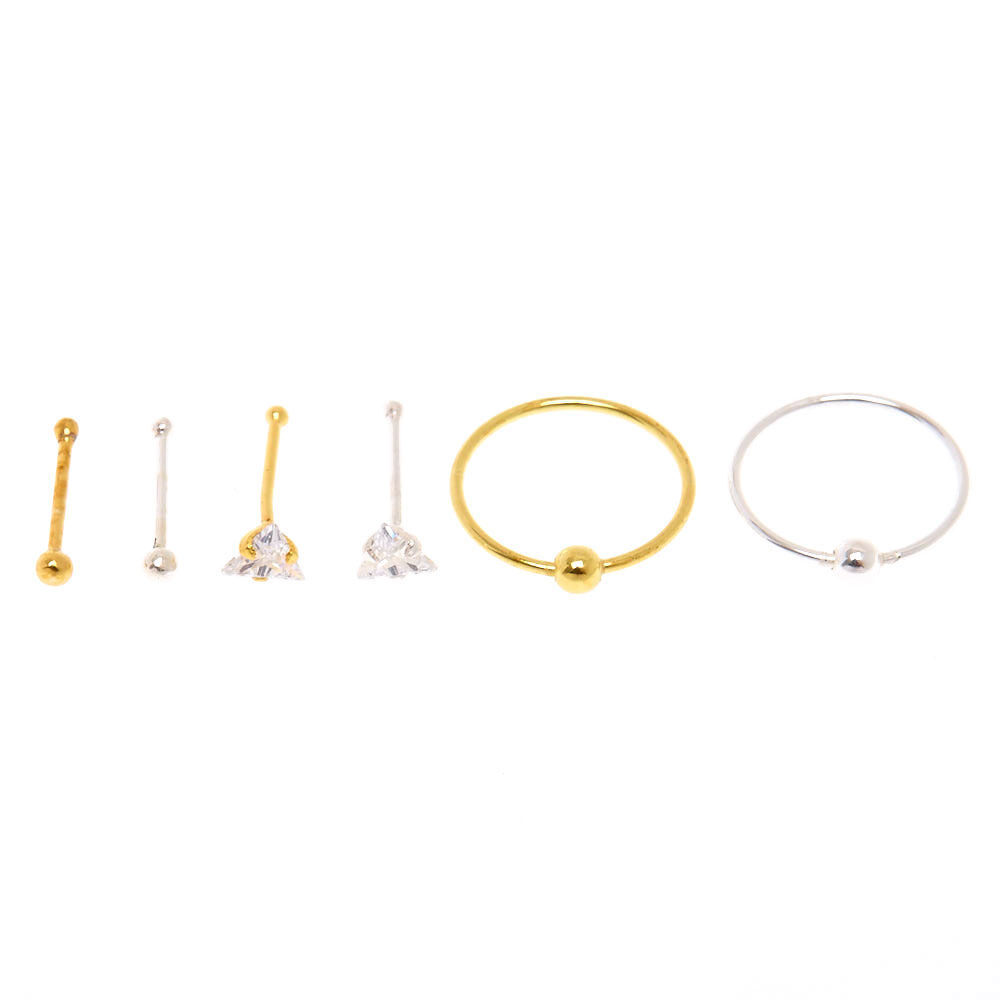 Mixed Metal Sterling Silver Cubic Zirconia 22G Triangle Stone Nose Rings - 6 Pack,
